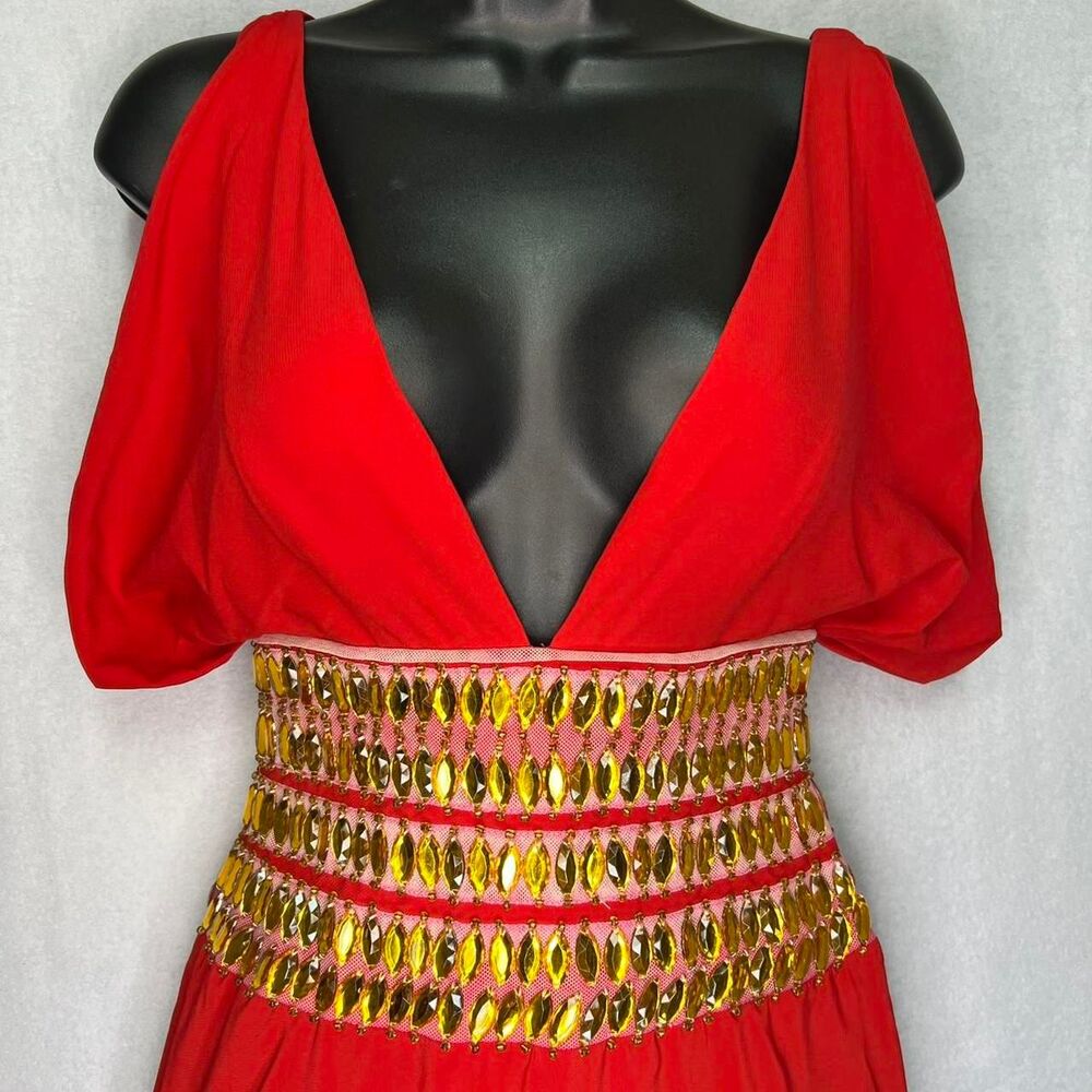 NWT Dress It Coral Red Embellished Deep V Maxi Dress Size US 6 Y2K Resort Cruise